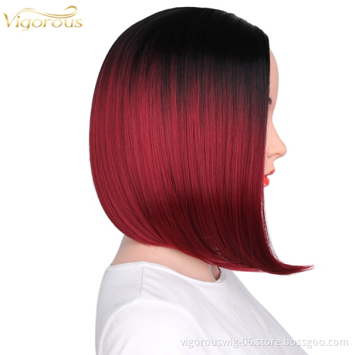 Vendor high quality premium wholesale Ombre red short straight wavy hair synthetic heat resistant wig lace front black women